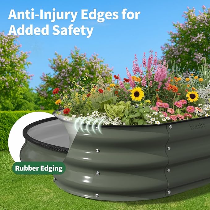 Kesfitt Raised Garden Bed 4x2x1 FT Galvanized Steel Metal Raised Garden Bed Oval Open-Bottom Design 12-Inch Deep for Outdoor Vegetable &amp Herb Gardening Volcanic Gray