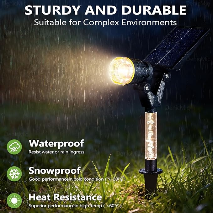 DenicMic Solar Lights Outdoor Waterproof Adjustable Solar Spot Lights Outdoor 3000K Warm White Lens LED for Yard Garden Patio Pathway Flag Tree House Landscape Lighting Outside 2 Pack