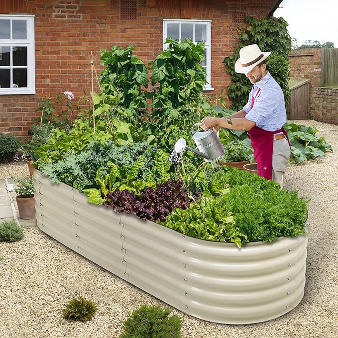 Aoodor 17 Tall Oval Galvanized Raised Garden Bed Kit 6-in-1 Large Metal Outdoor Planter Box for Vegetables Flowers and Herbs 7.5 x 2.3 x 1.5 Ft Beige