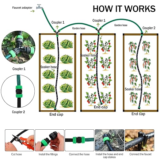 Customizable Soaker Hose System 1/2inch 75ft Rubber Hose with 50ft PVC Garden Hose Drip Irrigation Watering Hose with Reinforced Fittings for Flowers Bed Foundation Lawn Vegetable Tree