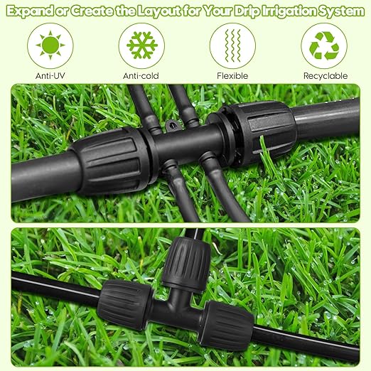 50 FT 1/2 Inch Drip Irrigation Tubing Kit-Drip Line Irrigation Hose 1/2 Inch with 1/2 to 1/4 Barbed Locked 6-Way &amp 1/2 Tee Connectors-Drip Tube Irrigation Fittings System Parts for Garden Water