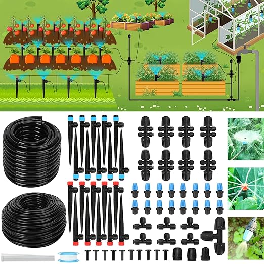 177FT Drip Irrigation Kit – 2026 New Quick-Connect Micro Irrigation System with 46FT 1/2'' Tubing Locking Nozzle Emitters Adjustable Misting Sprayers for Gardens Lawns Raised Beds and Greenhouses