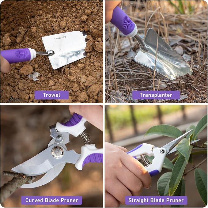Purple Garden Tool Set Gardening Items for Women - 11PCS Heavy Duty Garden Tools with Detachable Storage Bag Weeder Dual-Purpose Hoe