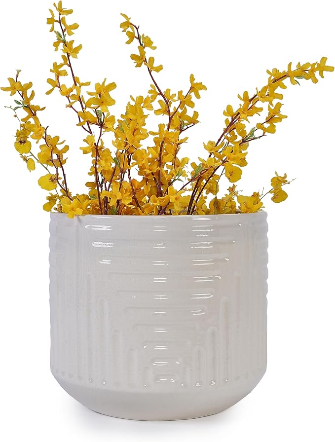 Handmade Ceramic Planter Pot 16 Inch Diameter 1 Cream White with Geometric Pattern for Monstera Deliciosa and Fiddle Leaf Fig IndoorOutdoor Doorway Use Breathable Clay