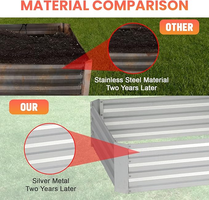 PayLessHere Galvanized Garden Bed 8x4x1FT Outdoor Raised Garden Bed for Vegetables Flowers and Herbs Planter Boxes Large Galvanized Steel Raised Bed Kit with Metal Pole Reinforcement Silver