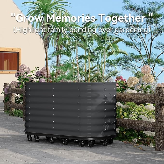 Self-Watering Wheeled Metal Garden Bed with Built-in Water Storage Mobile Raised Planter Box with Lockable Wheels Indoor/Outdoor Rolling Grow Station for Veggies