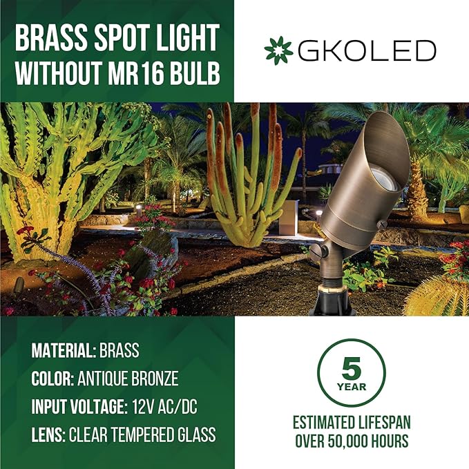 GKOLED 12V Brass Landscape Spotlight LED Low Voltage Landscape Lighting Outdoor Adjustable Lights for Yard Wall Lawn Tree Patio Garden Waterproof Directional Up Light No MR16 Bulb 12 Pack