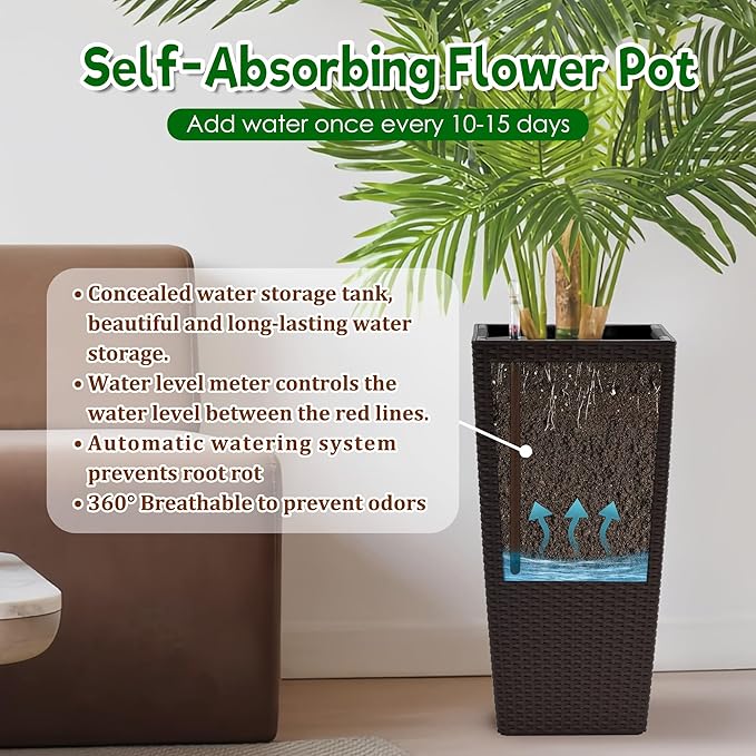 Square Planter for Indoor or Outdoor Use 22 Inch High Faux Rattan Flower Pot with Automatic Watering System for Porch Patio Backyard Makes Keeping Flowers Easier (Pack of 2 Brown)