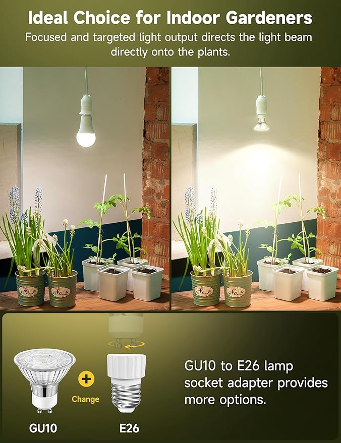 6W LED GU10 Grow Light Bulb Natural White 4000K Full Spectrum Plant Light for Indoor Plants E26 Base 6 Pack