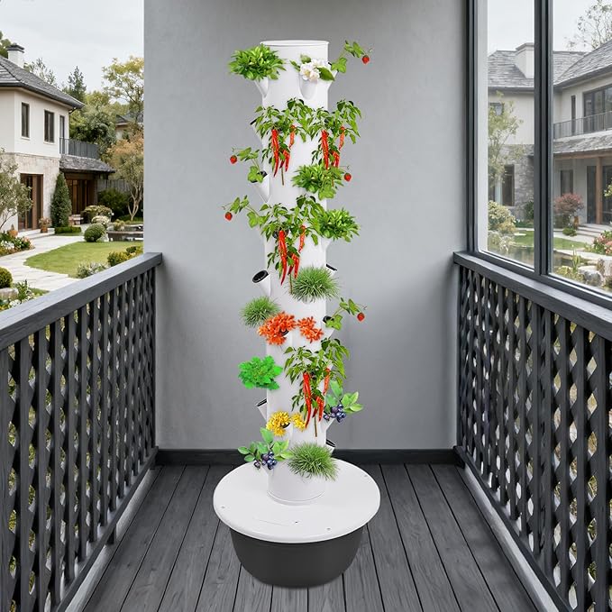 DYRABREST 9-Tier Hydroponic Growing Tower 36 Holes Indoor Garden System with Water Pump Timer Vertical Hydroponics System for Herbs Vegetables Lettuce White Frame Black Tank
