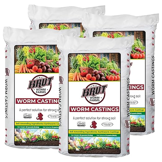 Brut Organic Worm Castings for Plants 30 LB – Natural Nutrients Fertility Builder Plant Food for Potting Soil and Garden Soil – Indoor and Outdoor Use - 4 Pack