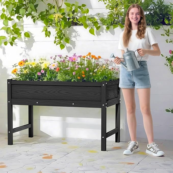 HDPE Raised Garden Planting Bed with LegsGarden Boxes Outdoor Raised with Drainage Hole Rot-ResistantRaised Beds for Gardening for Backyard Patio Balcony 300 lb Capacity (Black)