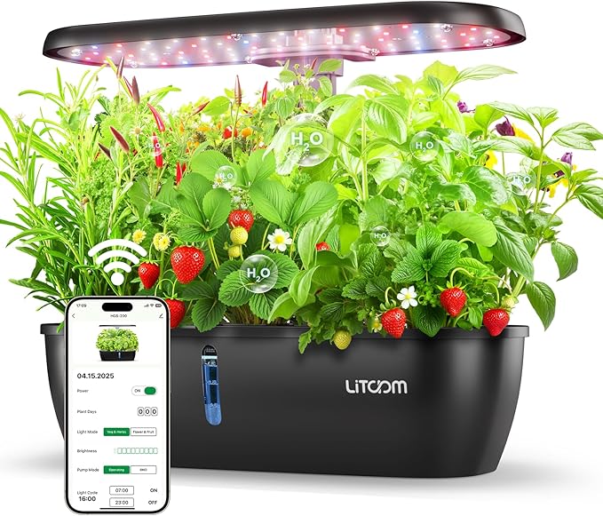litokam Hydroponics Growing System Kit 15-Pod Indoor Herb Garden Planter with 24W Grow Light &amp APP Control Indoor Gardening System with 2 Grow Modes Quiet Pump &amp 24H Timer