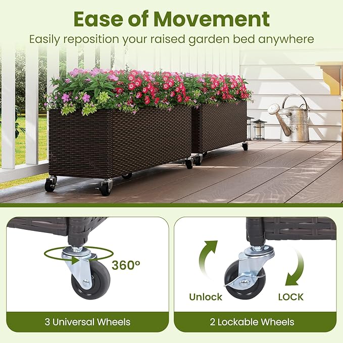 Raised Garden Bed with Wheels - All-Weather PE Rattan Wicker Elevated Garden Bed with Removable Liner &amp Lockable Wheels Indoor Outdoor Planter Box for Vegetable Flower Herb Fruit (1)