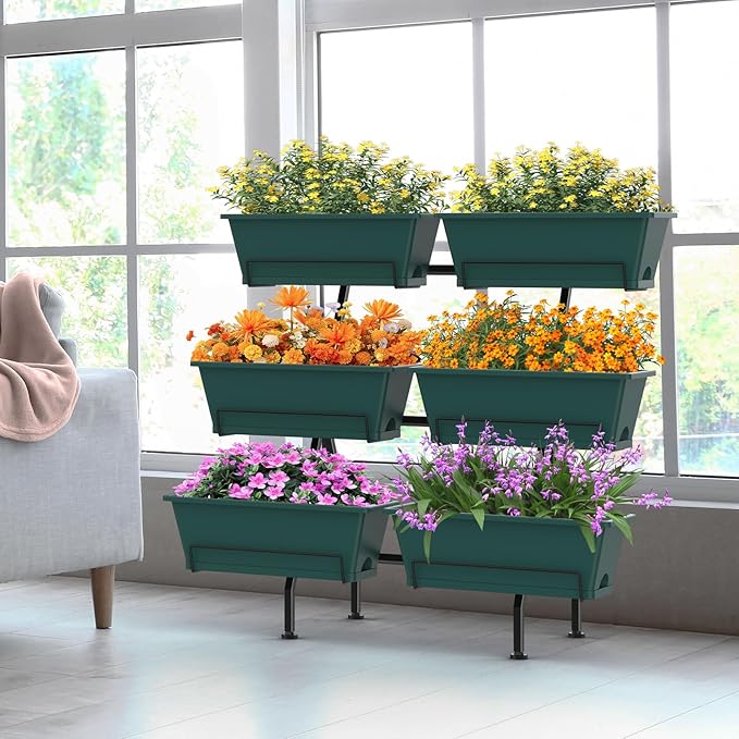 Sunexinlo 3-Tier Vertical Garden Planter with 6 Boxes 31 Tall Raised Garden Bed with Adjustable Feet for Herbs Flowers Vegetables Ideal for Indoor Outdoor Patio Balcony Deck Use Green
