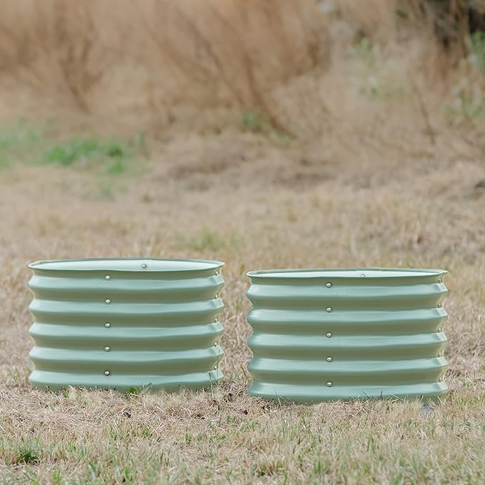 17 Tall Herb Raised Garden Bed for Basil Lavender Sages 24 Wide Round Fruit Tomato Planter Box for Gardening Blueberries Figs Flower Metal Pot Container for Rose Twin Pack Olive Green
