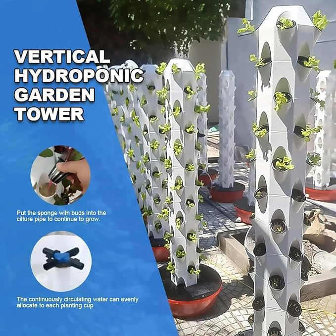 Hydroponics Growing System 32/48 Pods Vertical Hydroponics Tower Aeroponics Growing Kit Smart Garden Planter Germination Kit with Hydrating Pump Adapter Net Pot