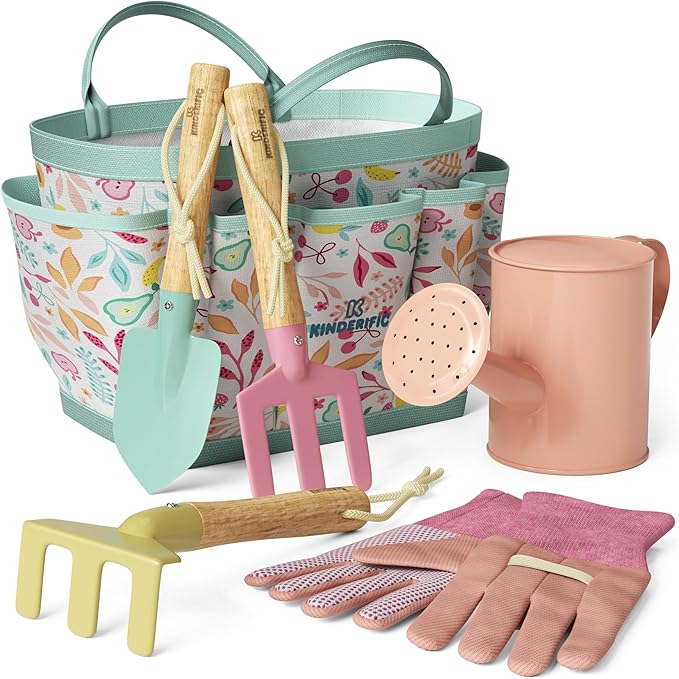 Gardening Set Tool Kit for Kids STEM Includes Tote Bag Spade Watering Can Rake Fork Trowel and Gloves Fruity