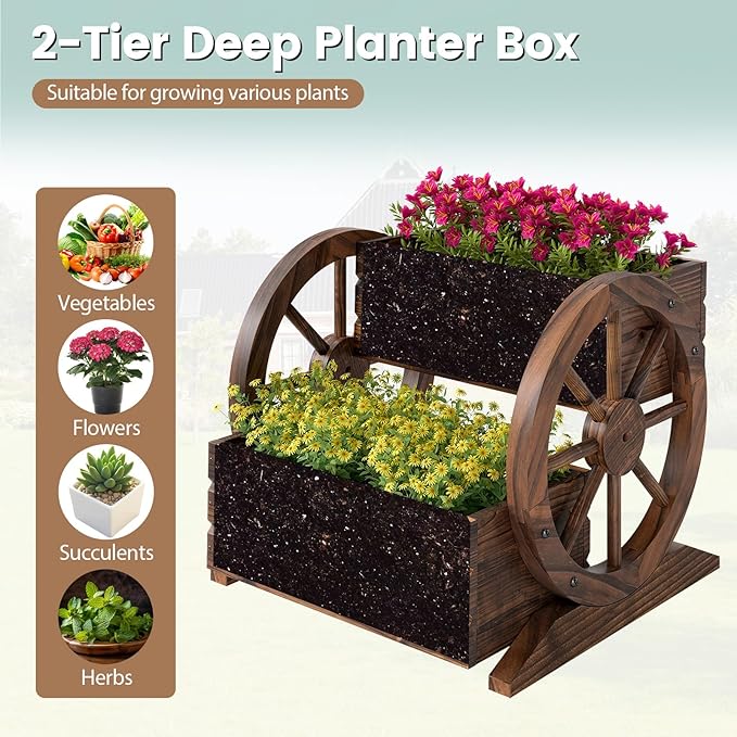 HAPPYGRILL Wood Wagon Planter Box 2-Tier Rustic Raised Garden Bed w/Wheels Drainage Holes for Vegetables Flowers Indoor Outdoor Decorative Planter Container Flower Cart for Patio Balcony (1)