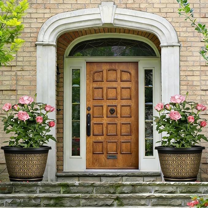 4 Pack 16 Inch PlanterLarge Plastic Flower Pots Outdoor Indoor with Drainage Holes &amp Trays Retro Antique Imitation Decorative Garden Plant Pots Outdoor for Houseplants