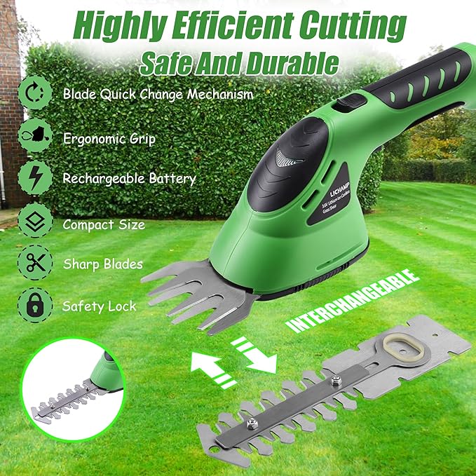 Lichamp 2-in-1 Electric Hand Held Grass Shear Hedge Trimmer Shrubbery Clipper Cordless Battery Powered Rechargeable for Garden and Lawn CGS-3602 Grass Green