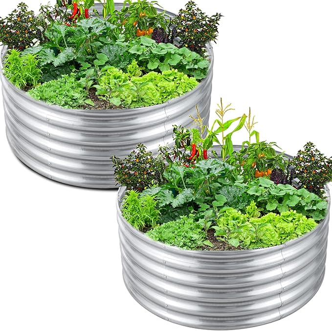 FORTUNO 2 Pcs 17 Tall 4 Ft Round Raised Garden Bed Box Galvanized Metal Outdoor High Flower Bed Steel Patio Ground Planter for Planting Vegetables and Herbs Silver