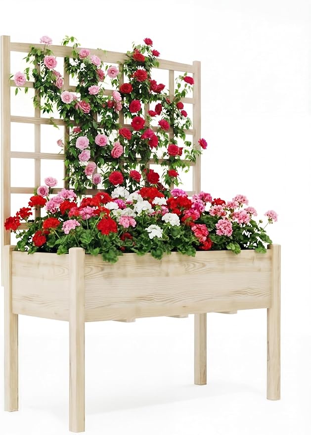 Wood Raised Garden Bed with Trellis 47x23x63in Elevated Planter Box with Legs for Climbing Plants Vegetables Solid Fir Deep Planter 386lb Capacity for Outdoor Backyard Patio
