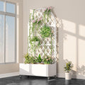 Metal Planter Box with Trellis Raised Garden Bed with Wheels &amp Drainage Hole Privacy Screen Rust-Resistant Planter Outdoor Trellis Planters for Climbing Plants Vegetable Vines (White)