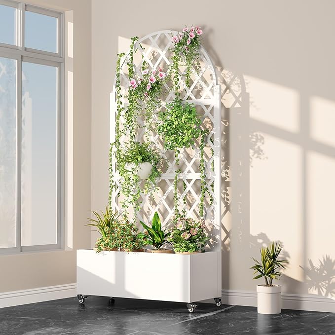 Galvanized Raised Garden Bed with Trellis - Planter Box with Wheels for Mobility 72 Metal Vertical Garden for Climbing Plants Vegetables Outdoor Privacy Screen (Black)