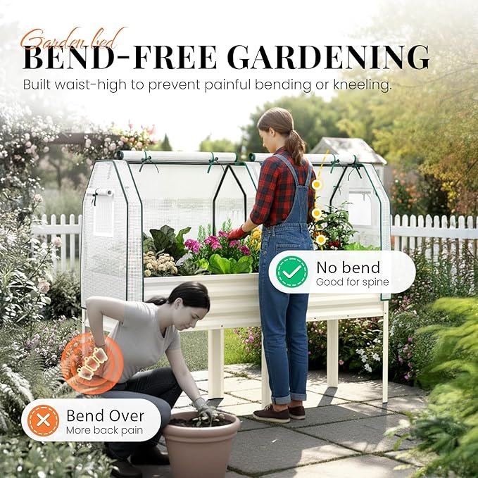 KING BIRD Large Raised Garden Bed with Cover Galvanized Elevated Planter Box with Legs 72×23×55 in for Backyard Patio Balcony 700lb Capacity Beige
