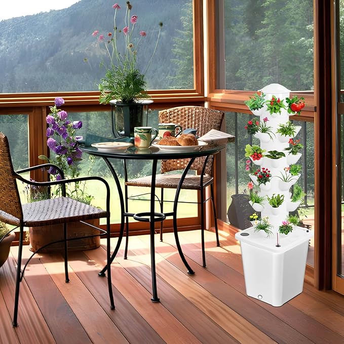 Hydroponic Tower 6 Layers 30 Holes Vertical Hydroponics Growing System Indoor Planter for Herbs Fruits Vegetables with 10L Tank Soilless Cultivation Garden Kit (White)