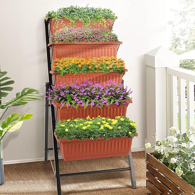 SEJOV 2 Pack Vertical Raised Garden Bed 5 Tiers Elevated Planter Box for Herbs Vegetables Flowers Graden Vertical Planter w/Drainage System for Patio Balcony Garden Outdoor Indoor Plants Dark Red