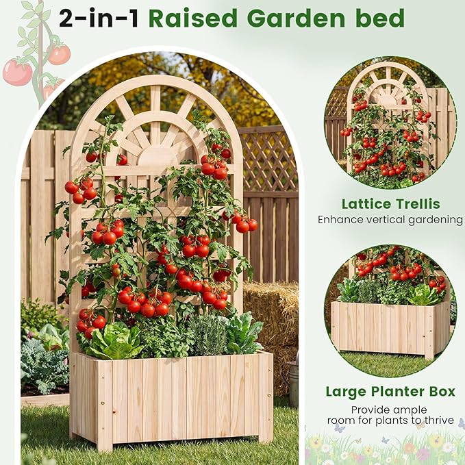 BECOMFORT 48”H Raised Garden Bed with Arched Trellis Fir Wood Planter Box with Privacy Screen &amp Drainage Holes for Balcony Yard Elevated Outdoor Flower Box for Climbing Plants Vegetables &amp