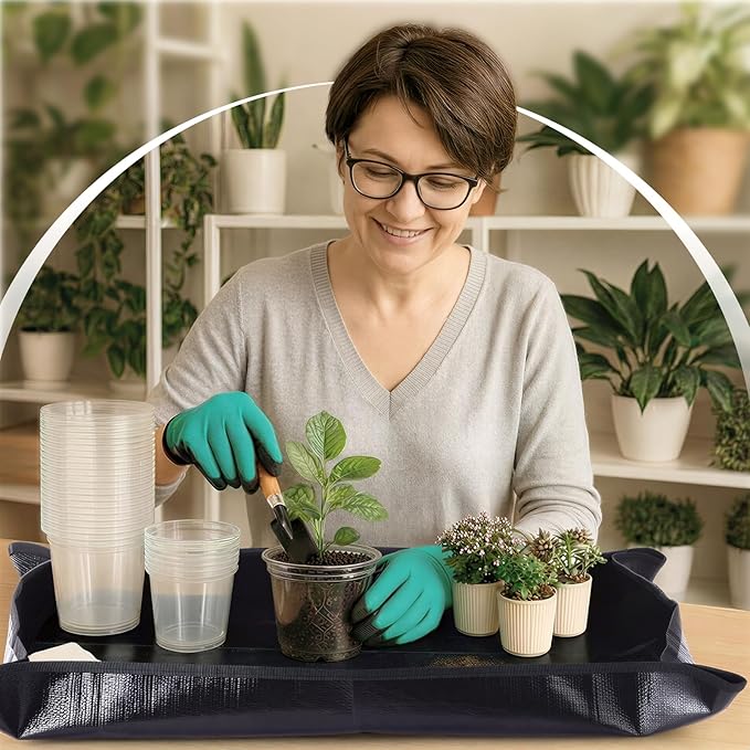 83 Pcs Garden Supplies Tools Kit 5/6/7 Inch Clear Plastic Plant Pots with Transplanting Mat Trowel Cultivator Rake Set Label &amp Glove Succulent Tools Gift for Plant Lovers Accessory