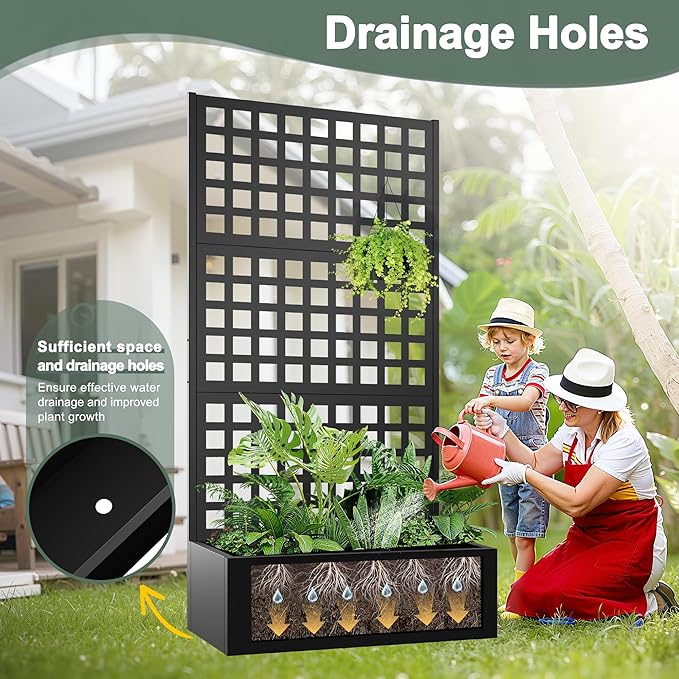 Metal Planter Box with Trellis Raised Garden Bed for Climbing PlantsPrivacy Screen with Garden BoxesDrainage Hole for Vegetables Flowers Vines (35 L×16 W×71 H Black)