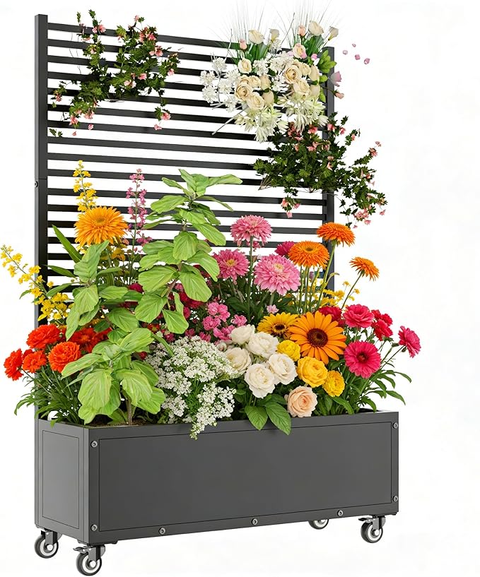 Planter Box with TrellisRaised Garden Bed with TrellisPrivacy Planters for Patio with Drainage Holes &amp Lockable Casters for Climbing PlantsVegetables and Vines