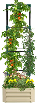 Outsunny Galvanized Raised Garden Bed 73.5 Tall Outdoor Planter Box with Trellis Tomato Cage and Open Bottom for Climbing Vines Vegetables Flowers in Backyard Garden Patio Cream