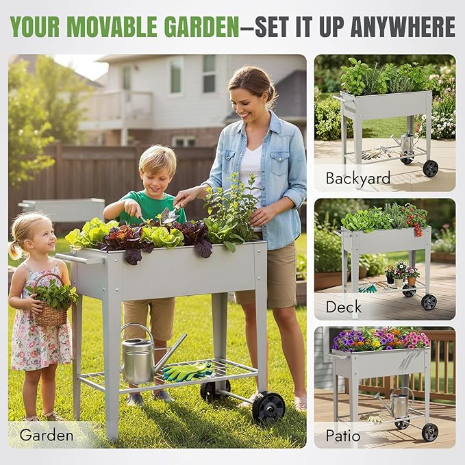 INNO STAGE 31.5 Tall Raised Garden Bed with Legs &amp Wheels- Elevated Planter Box with Shelf Anti-Rust Metal Galvanized Steel Garden Bed for Herb Vegetable Gradening Patio Balcony Backyard