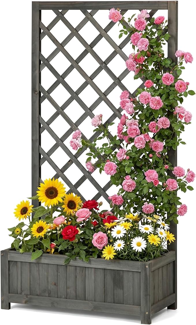 Wooden Raised Garden Bed with Trellis 47 Outdoor Planter Box for Climbing Plants Vertical Modern Gray Garden Planter for Vegetables Flowers &amp Vines Lattice Plant Support for Patio Yard Balcon