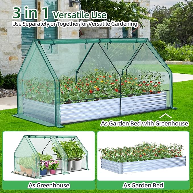 Ohuhu Raised Garden Bed with Greenhouse Cover 8x4x1 FT Galvanized Metal Planter Box Outdoor with PE Cover 4 Doors for Ventilation 3-in-1 Gardening Set for Vegetable Flower Herb Succulent