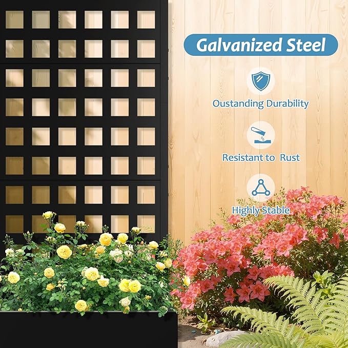 Metal Planter Box with Trellis Raised Garden Bed with Privacy Screen Outdoor Standing Flower Beds with Drainage Hole for Climbing Plants Vine 23 L x 12 W x 63 H Black
