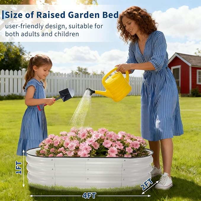 4x2x1 ft Galvanized Raised Garden Bed Open Base Metal Planter Box Oval Flower Bed with Safe Rubber Edge for Outdoor Vegetables Flowers &amp Herbs Easy Assembly White