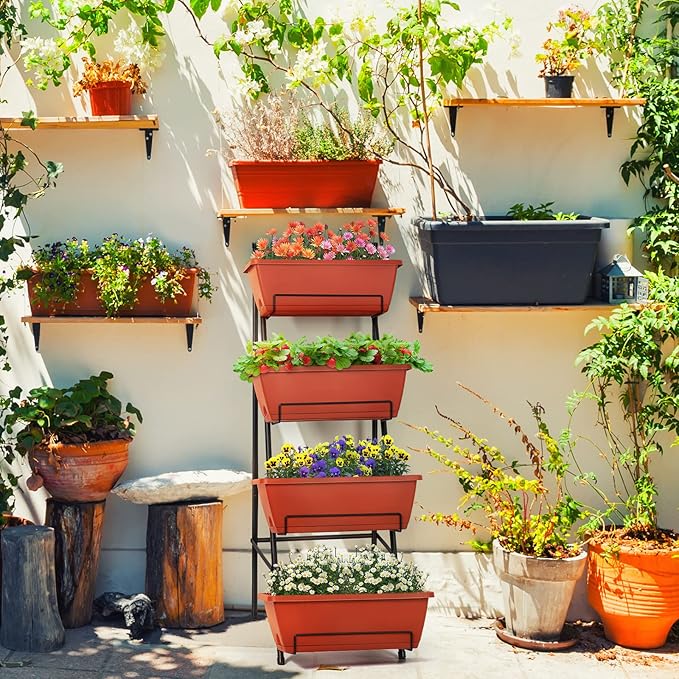 OYEAL Raised Garden Bed 4 Tier Vertical Garden Planter Indoor Outdoor Herb Planter with Legs Elevated Garden Planters for Flowers Vegetables Plants Brick Red