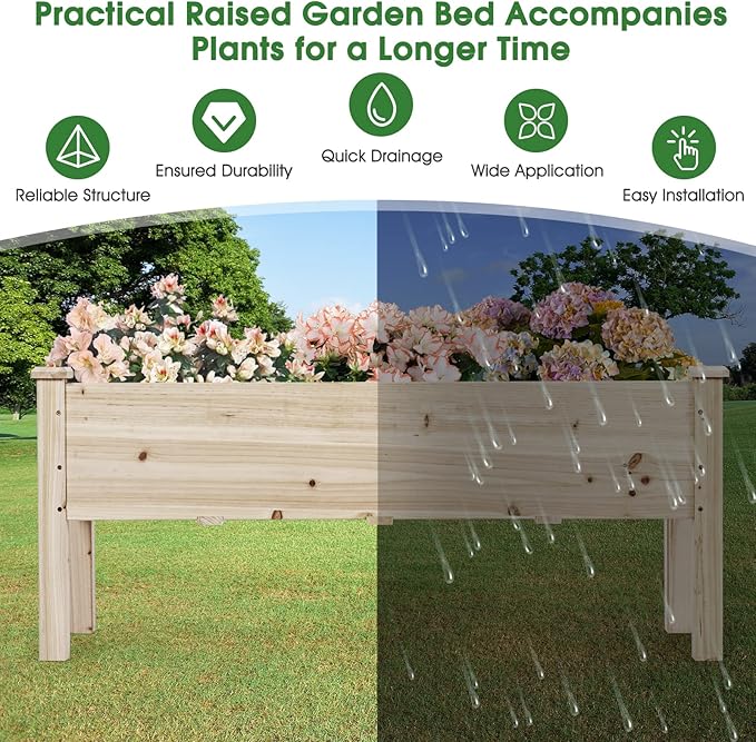 Raised Garden Bed Wood Elevated Planter Box Stand w/Legs &amp Drainage Holes for Vegetables Outdoor Plant Container for Backyard Patio Balcony Greenhouse Easy Assembly 47.5 x 17 x 20