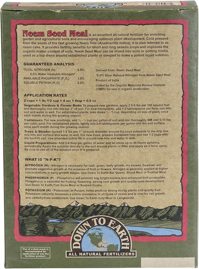 Down To Earth All Natural Fertilizers Organic Neem Seed Meal Plant Food for Vegetable Gardens and Raised Beds 6-1-2 5 lb