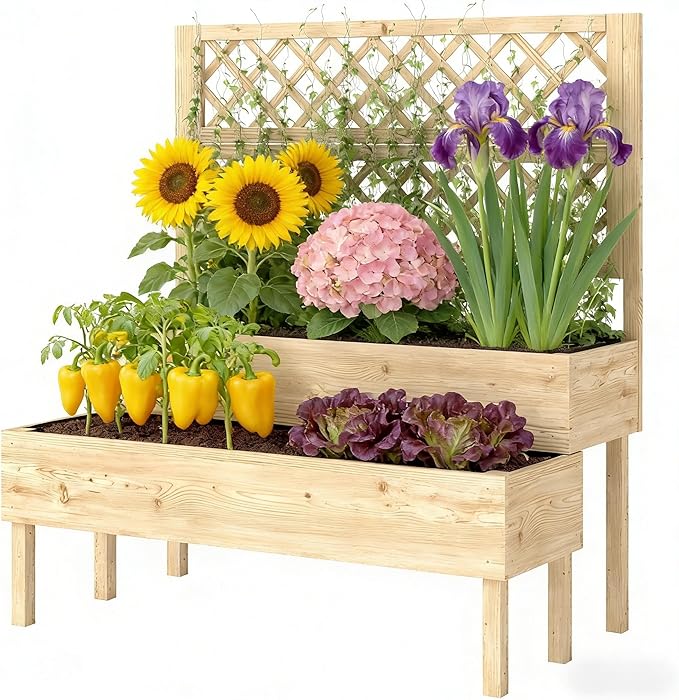 Planter with Trellis Raised Garden Bed for Seniors No Bending 42.5 Elevated Wood Planter for Back Pain Relief Decorative Privacy Screen Natural Fir