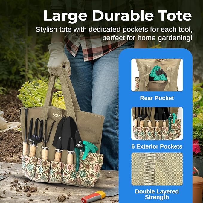 Scuddles All-in-One Gardening Tool Set with Large Storage Tote – Durable Rust-Resistant Hand Tools with Ergonomic Grip for Digging Weeding &amp Planting – Ideal Garden Gift for Women Men &amp Beg