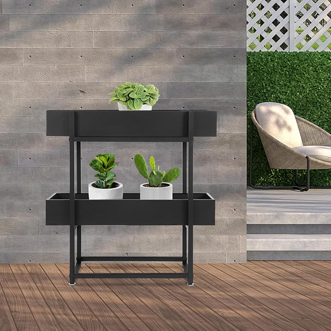 2 Tier Standing Planter Box 29 Inch Outdoor/Indoor Metal Planter Box Elevated Garden Box Raised Garden Bed for Vegetable Flower Herb Fruit