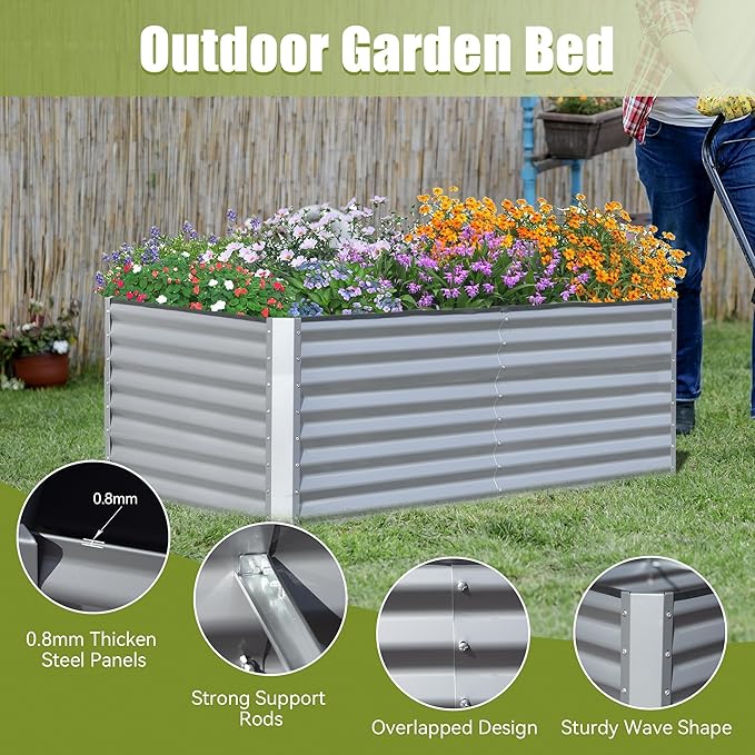 6x3x2ft Galvanized Raised Garden Bed Outdoor Planter GBoxes Large Metal Planter Box for Gardening Vegetables Fruits Flowers Silver