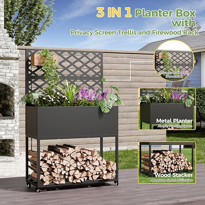 Raised Garden Bed with Trellis Metal Raised Planter Box with Trellis Privacy Planters for Patio Raised Garden Beds Outdoor Standing with Drainage Holes Wheels Black